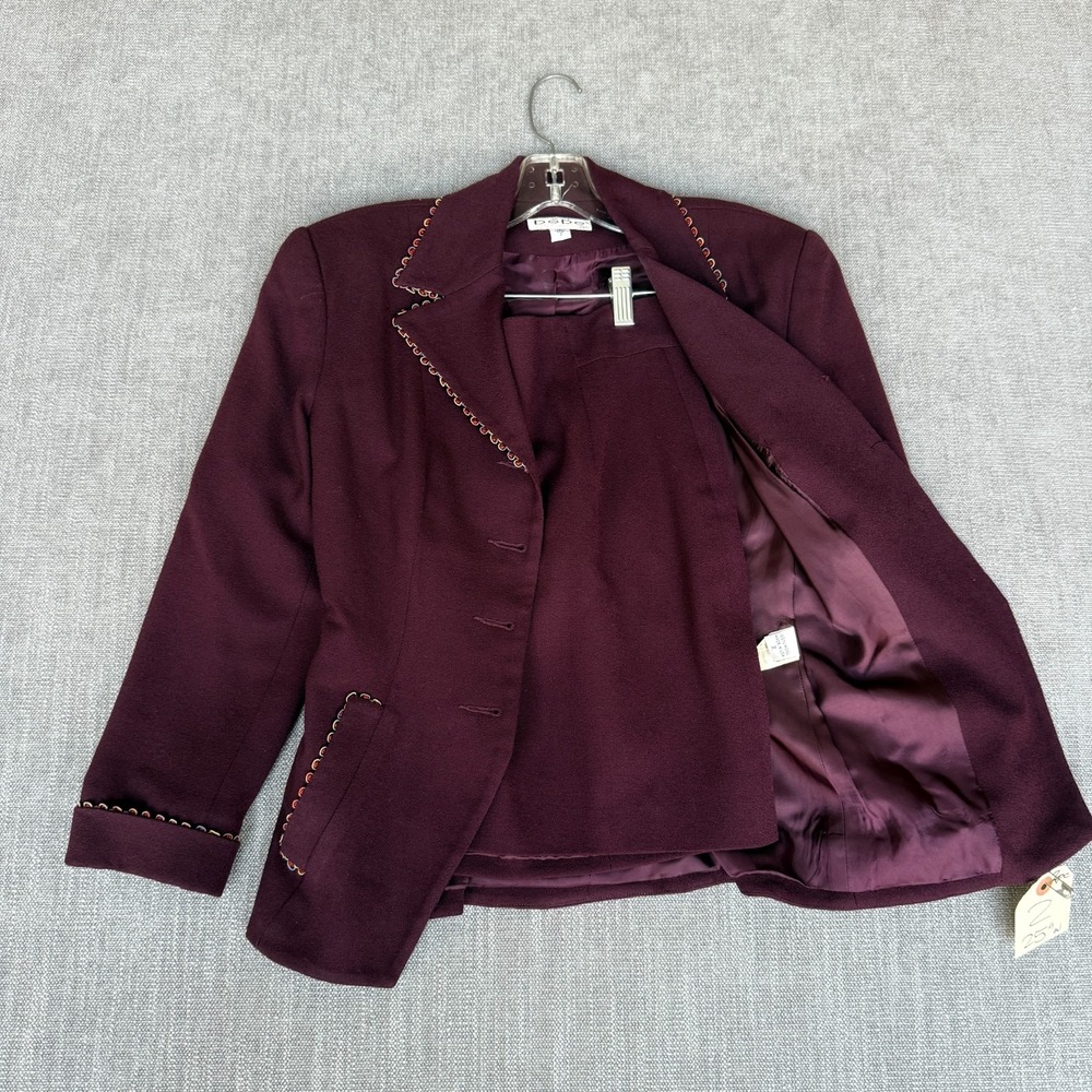 Bebe Two-Piece Suit Set Blazer & Skirt Womens 2 Burgundy Wool Single Breasted